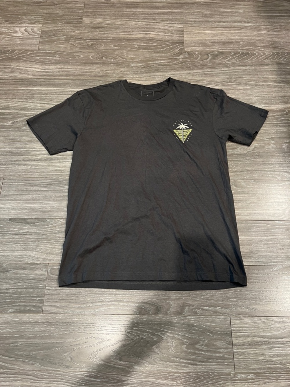 Quiksilver Grey Short Sleeve Tee with Yellow-Green Chest Graphic